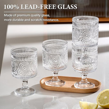 6 Packs Vintage Goblet Glasses, 8 oz Wine Glasses, Embossed Floral Glass Cups - Image 5