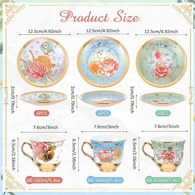 Teenyyou Set of 18 Tea Cups and Saucers Tea Party Decorations Floral Porcelain - Image 2