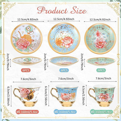 Teenyyou Set of 18 Tea Cups and Saucers Tea Party Decorations Floral Porcelain - Image 2