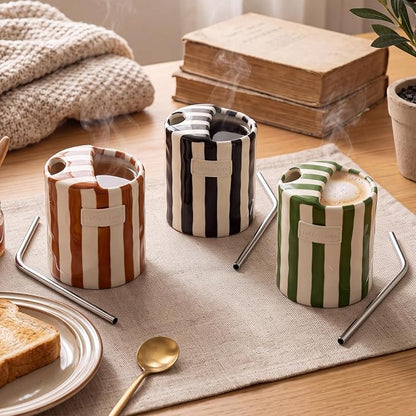 10oz Ceramic Coffee Mug Set of 3 Retro Striped Coffee Cups - Image 6