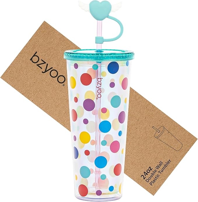 bzyoo 24 oz SIP Tumbler with Heart-Shaped w/Wing Straw Cap Cover– Cute DotDot by bzyoo