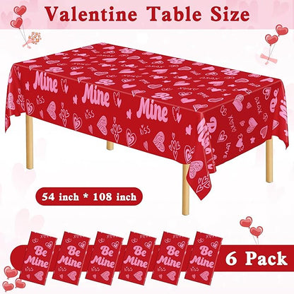 QZYL 6 Pcs Valentines Tablecloth, 54" X 108" Pink Love Heart Plastic Table Cover, Valentines Disposable Rectangle Table Cloth, Valentine's Decorations for Love Wedding Engagement Anniversary Party