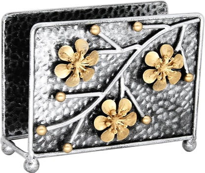 OwlGift Sakura Napkin Holder, Cherry Blossom Design Metal Freestanding Tissue Dispenser Organizer Iron Tabletop Paper Napkin Holder Stand for Home Kitchen Restaurant Picnic Party, Silver