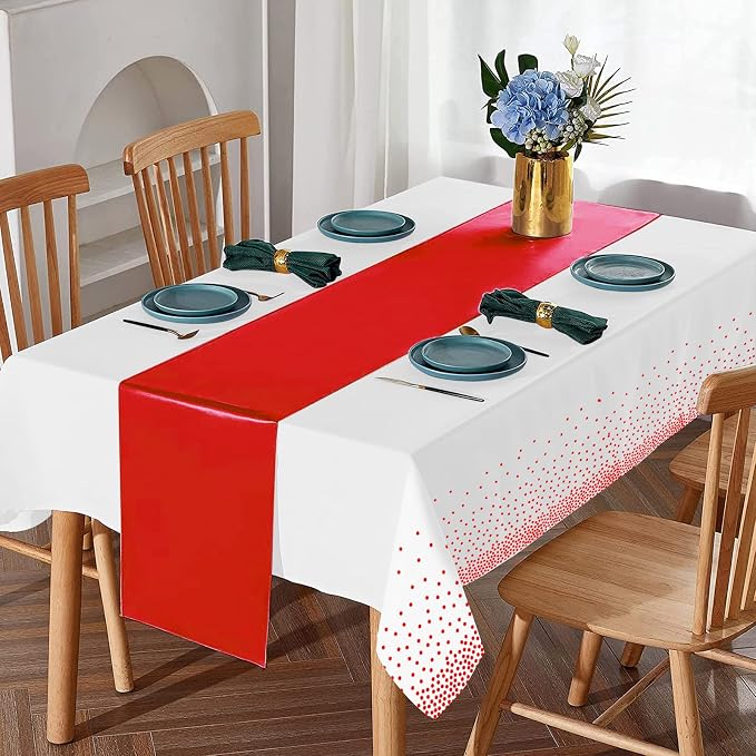 16Pack Disposable Plastic Tablecloths and Satin Table Runner Set White and Red - Image 4