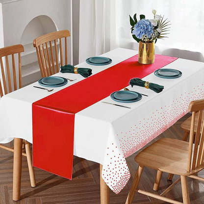 8Pack Disposable Plastic Tablecloths and Satin Table Runner Set White and Red - Image 4