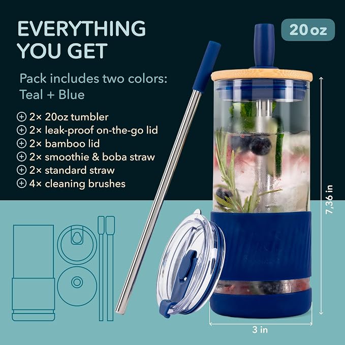Pandaloo® Glass Cups With Lids and Straws -20 Fl Oz- Perfect Size Iced Coffee - Image 2