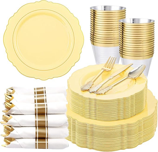Liacere 350PCS Yellow Plates - Yellow Disposable Plastic Plates With Gold Rim-50Guest Plastic Dinnerware include 100 Plates,50 Pack Pre Rolled Napkins with Silverware 50Cups for Wedding＆Easter Day