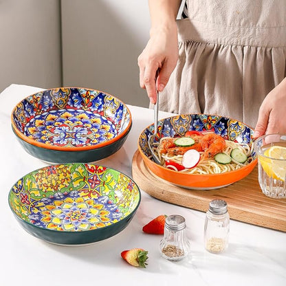 Bohemian Decorative Bowls for Salad, Fruit, 25 oz Pasta and Dinner, Serving Bowls Set for Party, Dishwasher & Microwave Safe (Orange+Red+Blue+Green, 8 Inch)