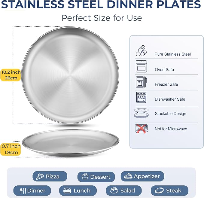 Homikit 6 Pack Stainless Steel Plate Set, 10.2 Inch Metal Dinner Plates - Image 2
