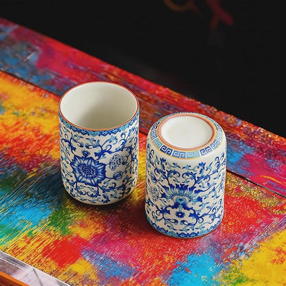 Blue and White Floral Porcelain Tea Cups Set of 2 | No Handle, Bone China - Image 7