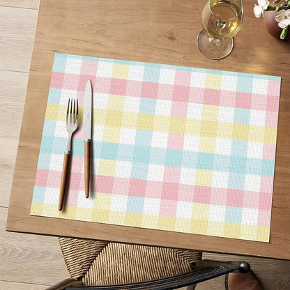 Artoid Mode Buffalo Plaid Vinyl Placemats Set of 4, 12x18 Inch Washable Non-Slip Heat Resistant Plastic Place Mats for Party Dining Table, Pink/Blue