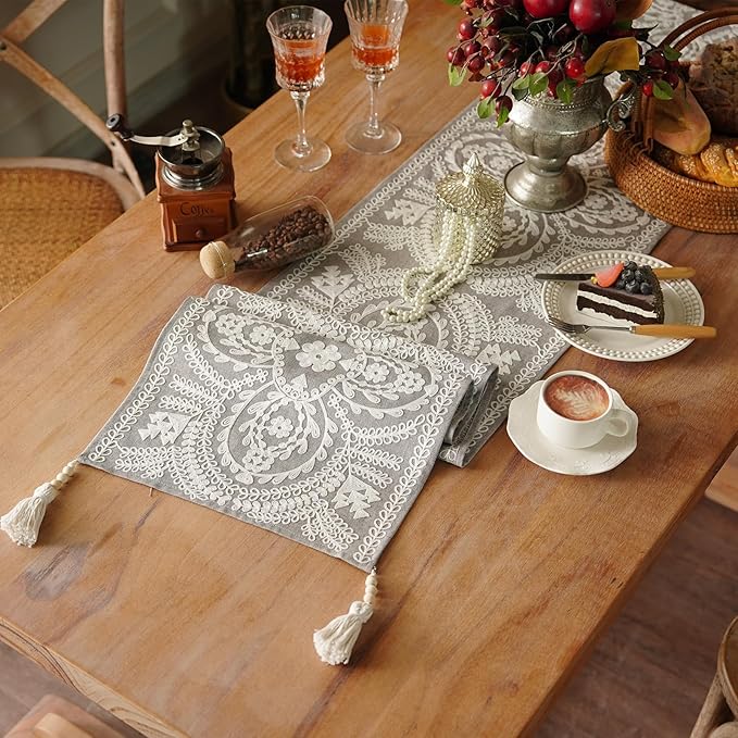 Table Runner Embroidered Lace Dresser Runner, 4 Tassel Pendants, Layered Accent by ARTBLOSS