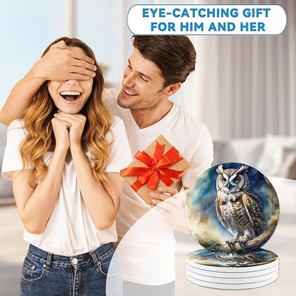 Drinks Coasters Set of 4, Owl Round 4" Cup Coasters, Absorbent Ceramic Stone Coasters with Cork Base, Cute Coasters for Table Home Décor, Ideal Gifts for Women Men