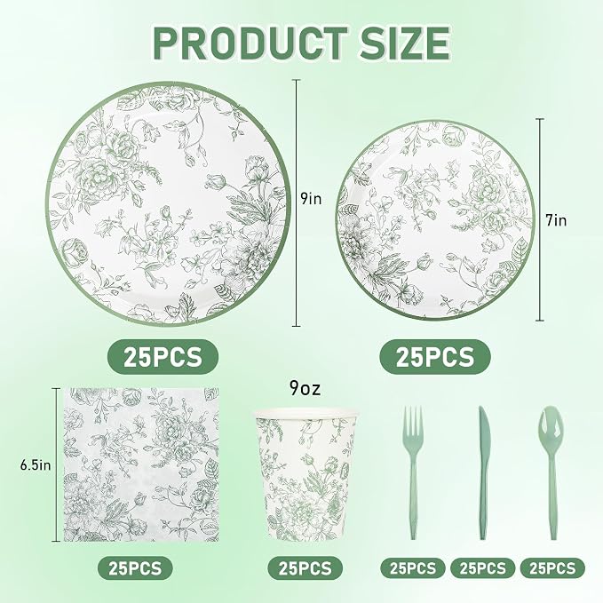 175Pcs Sage Green Floral Paper Plates and Napkins 25 Guests Green Toile - Image 5
