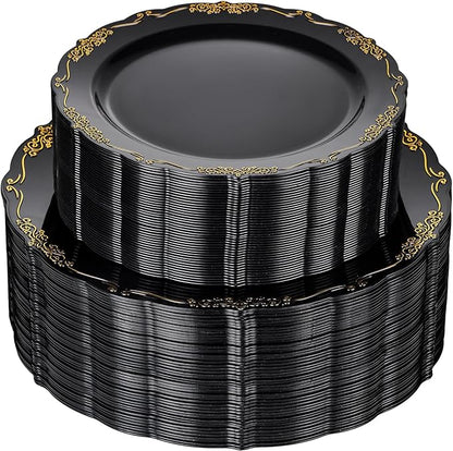 U-QE 100PCS Black and Gold Plastic Plates - Heavy Duty Black Disposable Plates Including 50PCS 10'' Dinner Plates & 50PCS 7.5'' Dessert Plates - Hard Plastic Plates for Party