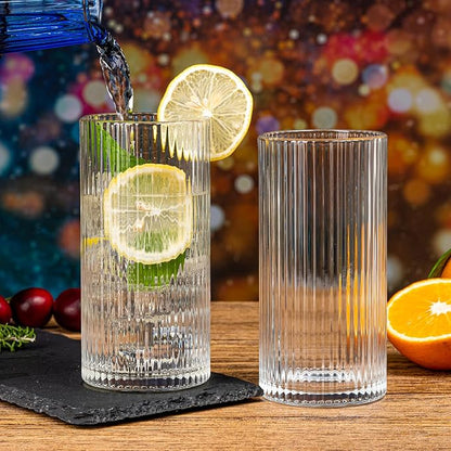 Ribbed Glassware Vintage Drinking Glasses 6Pcs -13OZ Clear Ribbed Drinking - Image 2