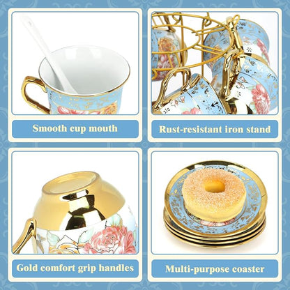 20 Pcs Porcelain Tea Set with Metal Holder, Adult Tea Set Gift, European - Image 4