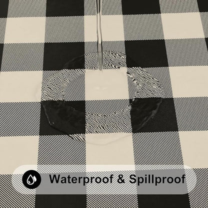 Smiry Rectangle Picnic Table Cloth, Elastic Waterproof Fitted Vinyl Tablecloths, Flannel Backed Buffalo Plaid Table Covers for Dining, Camping, Outdoor (Black and Beige, 30" x 96")
