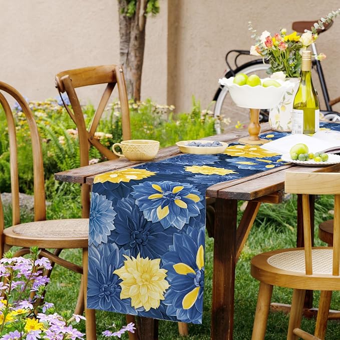 Blue Yellow Dahlia Flower Summer Table Runner Blue Yellow Gray Burlap Table - Image 9