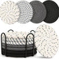 8 Pcs Drink Coasters with Holder, Handwoven Cotton Coasters Set Stackable Absorbent Minimalist Home Decor for Table, Cup, Mug (Black)