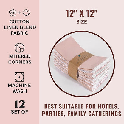 Fingercraft Dinner Cloth Napkin Cotton Linen Blend 12 Pack Mitered Corners with Elegant Lace for Everyday Use Napkins are Pre Shrunk and Good Absorbency (Pink, 12in x 12in)