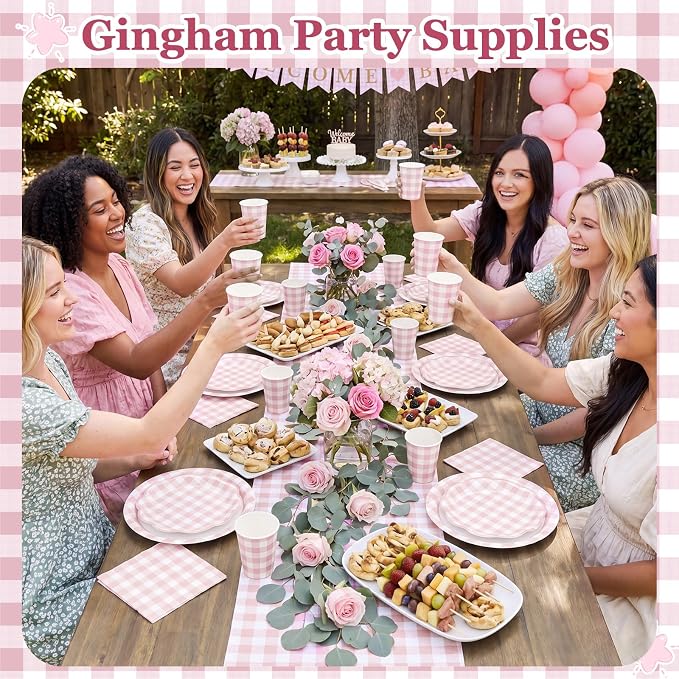 Funnymoom 250 Pcs Pink Gingham Paper Plates and Napkins Party Supplies Pink - Image 4