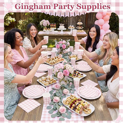 Funnymoom 250 Pcs Pink Gingham Paper Plates and Napkins Party Supplies Pink - Image 4