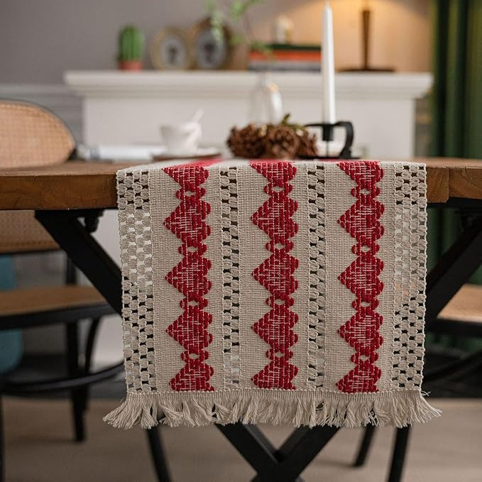 Macrame Table Runner Beige and Red Heart Table Runners - Image 4