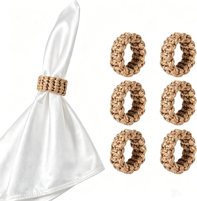 Braided Jute Napkin Rings Set of 6, Minimalist Round Woven Napkin Holders by Unknown