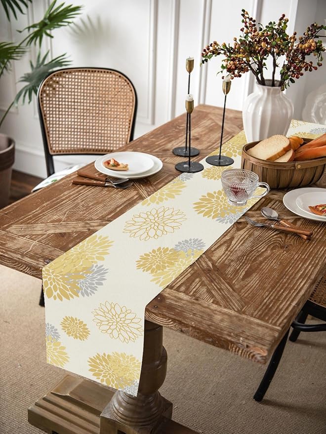Yellow Gray Table Runner Dahlia Pinnata Flower Beige Table Runners Modern - Image 6