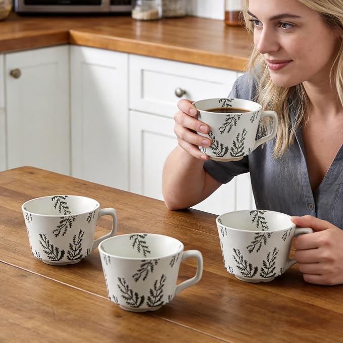 4 Pack Speckled Ceramic Coffee Mugs, 12oz Vintage Green Fern Leaf Large Tea Cups - Image 9