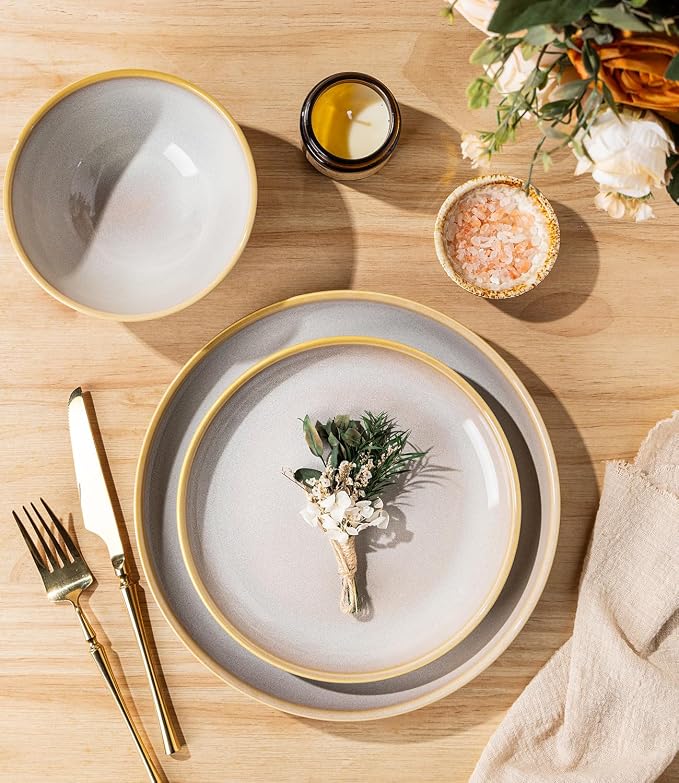 Ceramic Dinnerware Set for 4, 12-Piece Plates and Bowls Set | Lightweight - Image 3