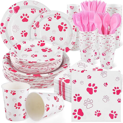 Kochorie 400 Pieces Pink Paw Disposable Party Tableware Sets Dog Puppy Supplies Including Plates Cups Napkins Cutlery Serves 50 for Birthday Puppy Theme Party Decorations