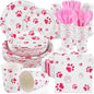 Kochorie 400 Pieces Pink Paw Disposable Party Tableware Sets Dog Puppy Supplies Including Plates Cups Napkins Cutlery Serves 50 for Birthday Puppy Theme Party Decorations