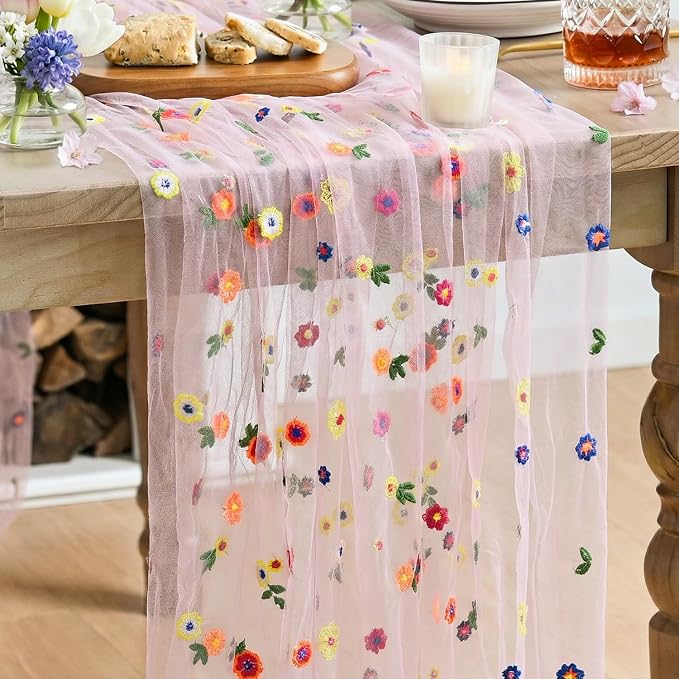 Artoid Mode Pink Embroidery Daisy Gauze Table Runner 59x120 Inch 10FT | by ArtoidMode