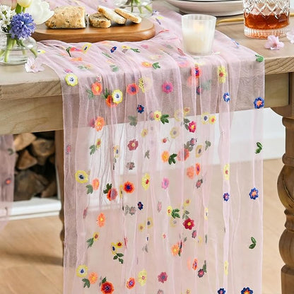 Artoid Mode Pink Embroidery Daisy Gauze Table Runner 59x120 Inch 10FT | by ArtoidMode
