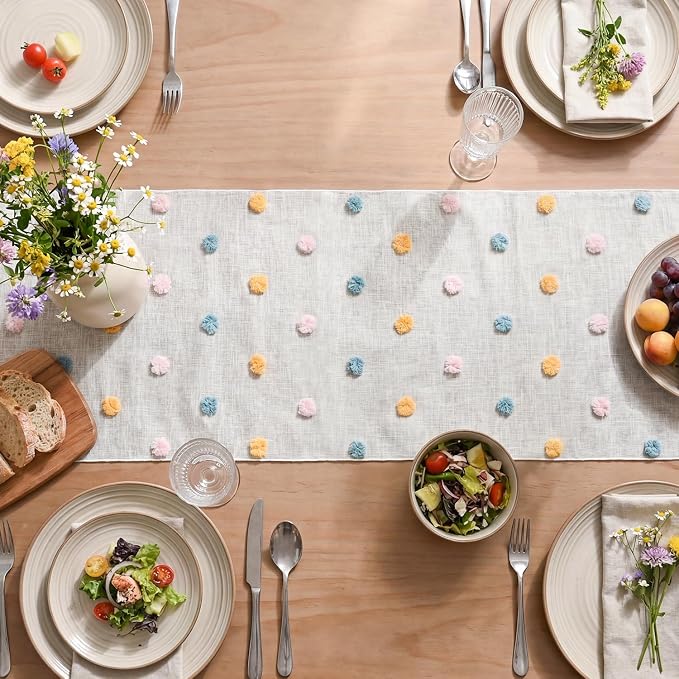Artoid Mode Pink Blue Yellow Pom Pom Tulle Table Runner, Seasonal Washable - Image 4