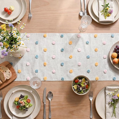 Artoid Mode Pink Blue Yellow Pom Pom Tulle Table Runner, Seasonal Washable - Image 4