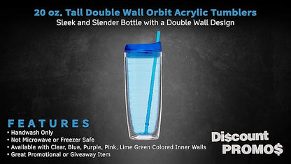 DISCOUNT PROMOS Tall Orbit Acrylic Tumblers 20 oz. Set of 10, Bulk Pack - Perfect for Iced Coffee, Soda, Other Hot & Cold Beverages - Blue