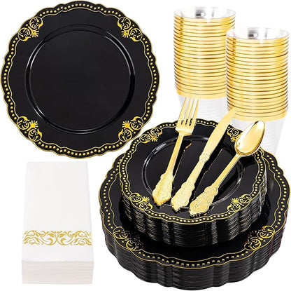 Ciaell 175 PCS Black and Gold Plastic Plates - Black Disposable Dinnerware Set with 50 Plates, 25 Knives, 25 Forks, 25 Spoons, 25 Cups, 25 Napkins for Parties and Weddings
