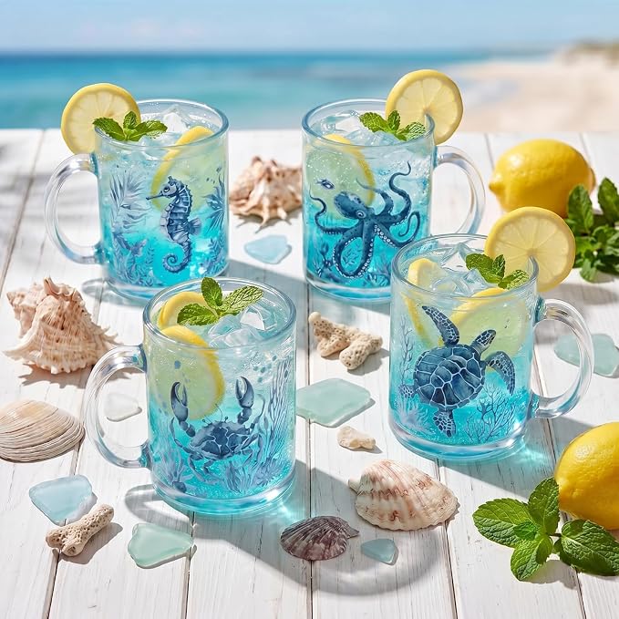 Tioncy 4 Pcs Coastal Mugs Blue Sea Turtle Coffee Mugs 12 oz Summer Beach Ocean - Image 3