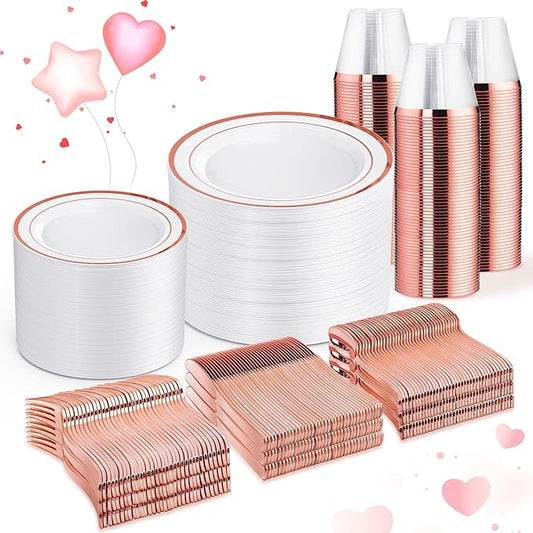 WELLIFE 600 PCS Rose Gold Disposable Dinnerware Set for 100 Guests, Valentine's Day Plate, 100 Each-Dinner & Salad Plates, Cups, Forks Knives Spoons for Wedding Reception and Mothers Day Plates