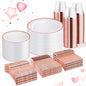 WELLIFE 600 PCS Rose Gold Disposable Dinnerware Set for 100 Guests, Valentine's Day Plate, 100 Each-Dinner & Salad Plates, Cups, Forks Knives Spoons for Wedding Reception and Mothers Day Plates