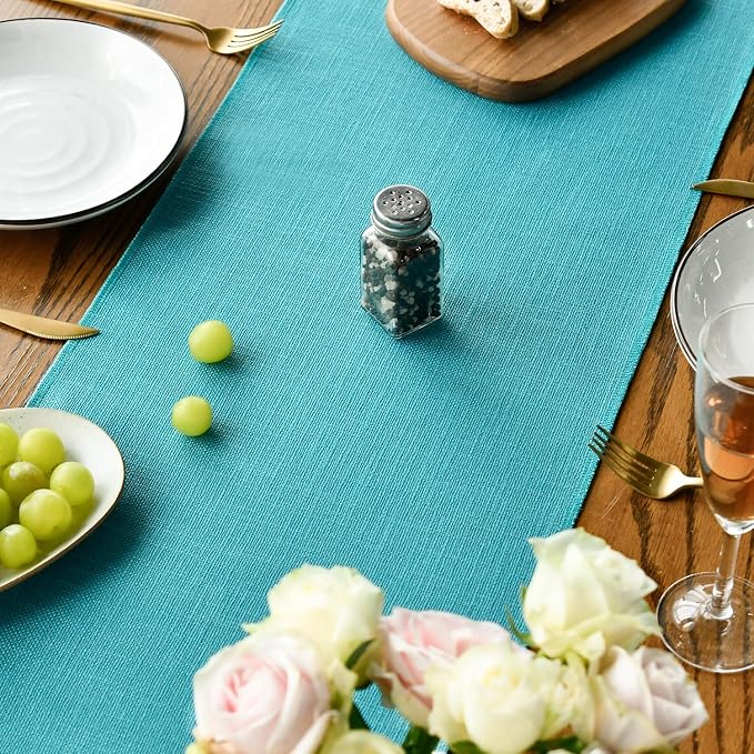 Artoid Mode Teal Tassel Table Runner, Winter Linen Blend Rustic Farmhouse Style - Image 7