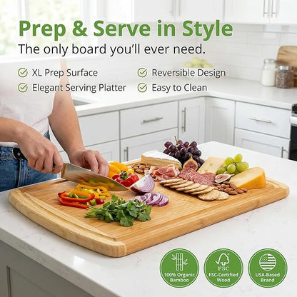 Organic 18 Inch Extra Large Bamboo Cutting Board with Lifetime Replacements - Non Toxic Wood Chopping Board with Juice Groove for Kitchen, Meat, Vegetables, and Food Prep by Greener Chef