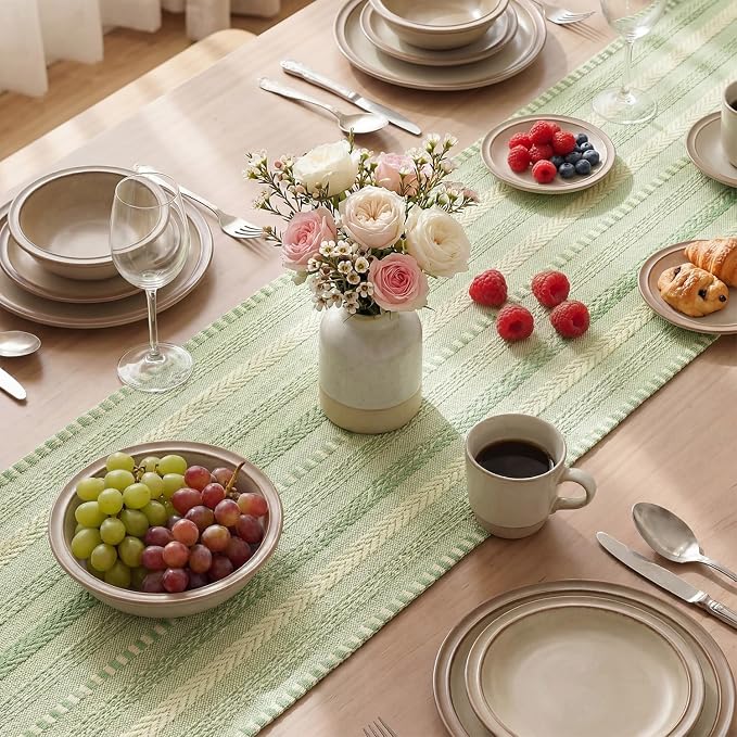 Artoid Mode Sage Green Farmhouse Stripe Braided Table Runner 12x48 Inch | - Image 4