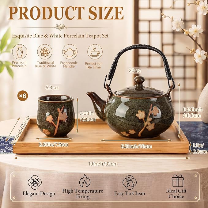 Layhit Japanese Tea Set with Teapot and 6 Cups, 20 oz Ceramic Asian Tea Set - Image 2