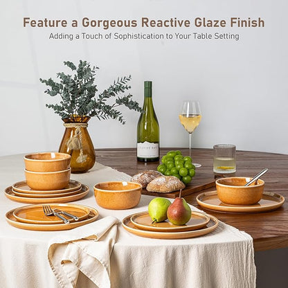 GBHOME Ceramic Dinnerware Sets for 8, 24 Pieces Stoneware Plates and Bowls Sets, Scratch Resistant Dishes, Dishwasher & Microwave Safe, Reactive Glaze-Amber