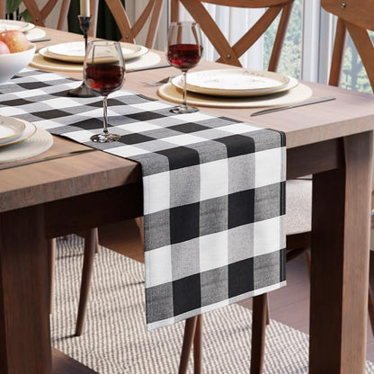 Encasa XO Table Runner, Woven Cotton Dining Runner 13"x104" Buffalo Black Checks by EncasaXO