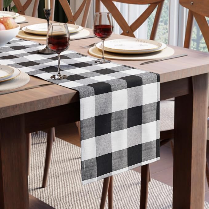 Encasa XO Table Runner, Woven Cotton Dining Runner 13"x72" Buffalo Black Checks by EncasaXO